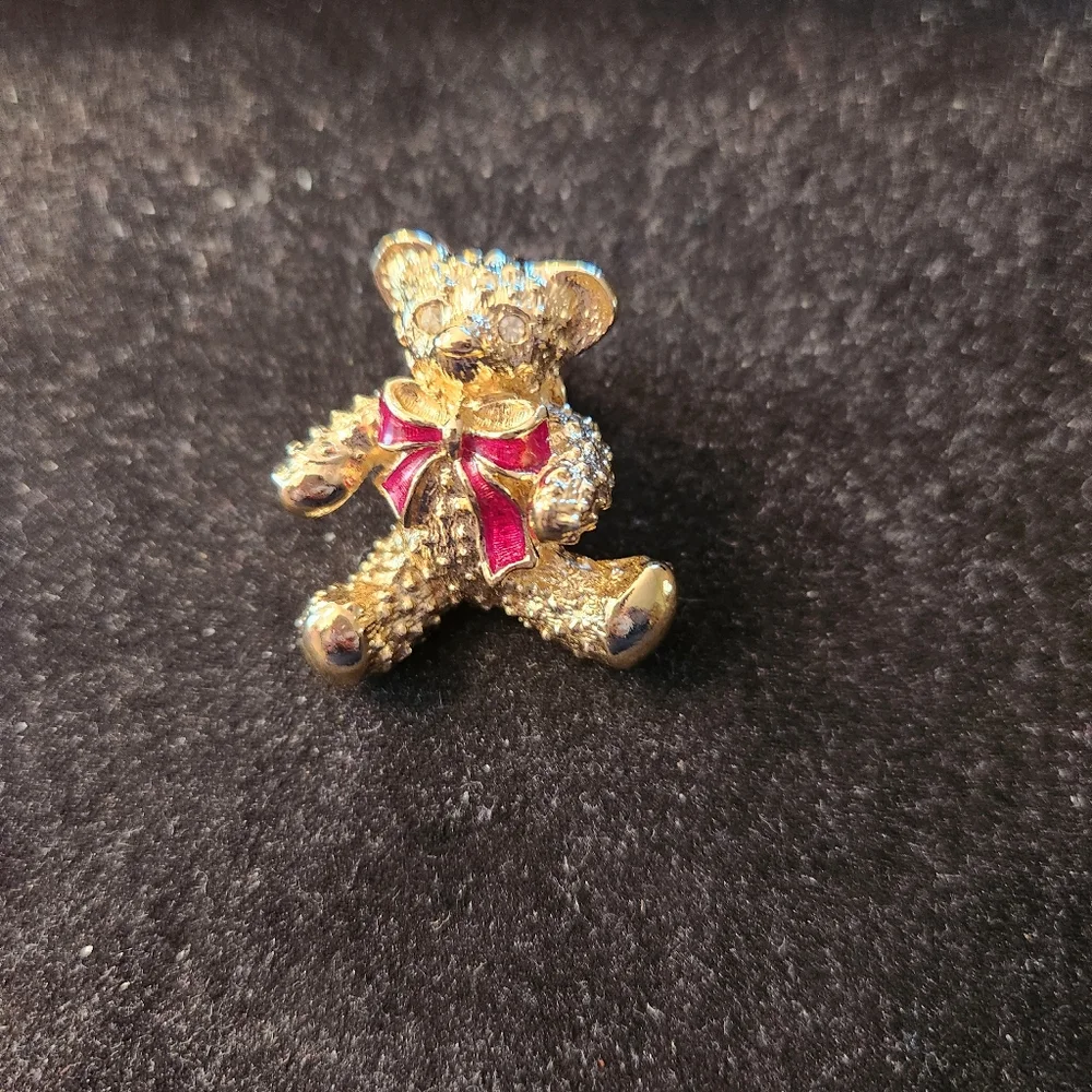 Gold Teddy Bear Brooch with Red Bow
